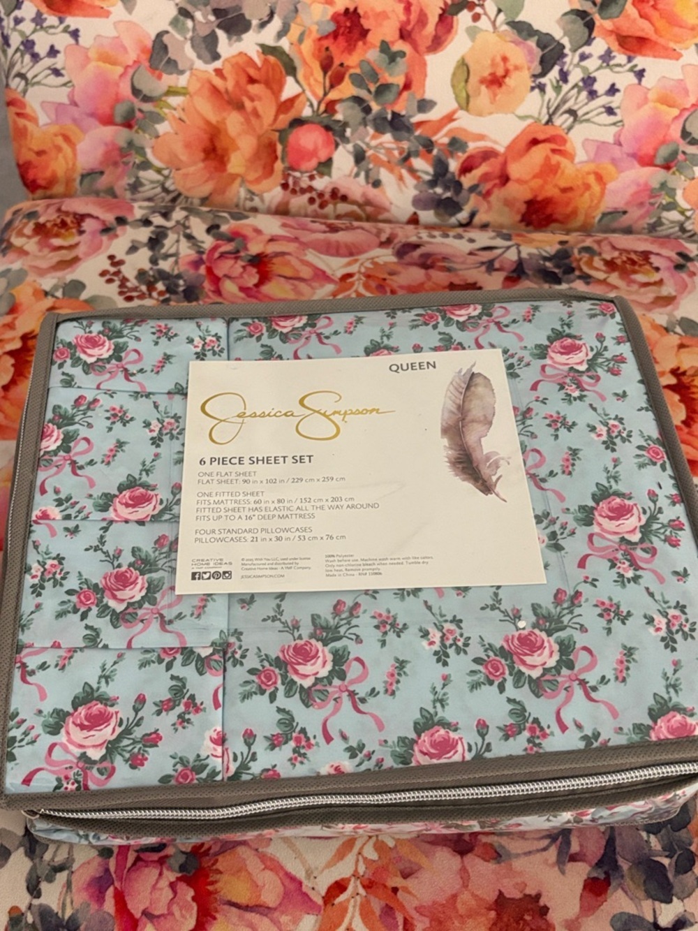 Jessica Simpson Rose Ribbon Print Sheet Set - Light Blue & Pink - Picture 2 of 4